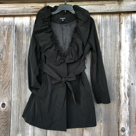 bebe Jackets & Blazers - Bebe Black Ruffled Collar Lightweight Trench Coat